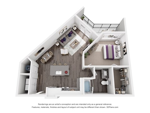 The Hammond | Glenn Perimeter A 3D floor plan of a house with a kitchen, living room, and bathroom.